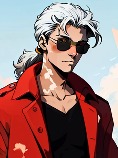 Human Male, hair Style ,Red Coat , (( best quality)) ,sun Glasses ,((Skin Black white Vitiligo )), manga Style , Black Clothing , yellow pupils