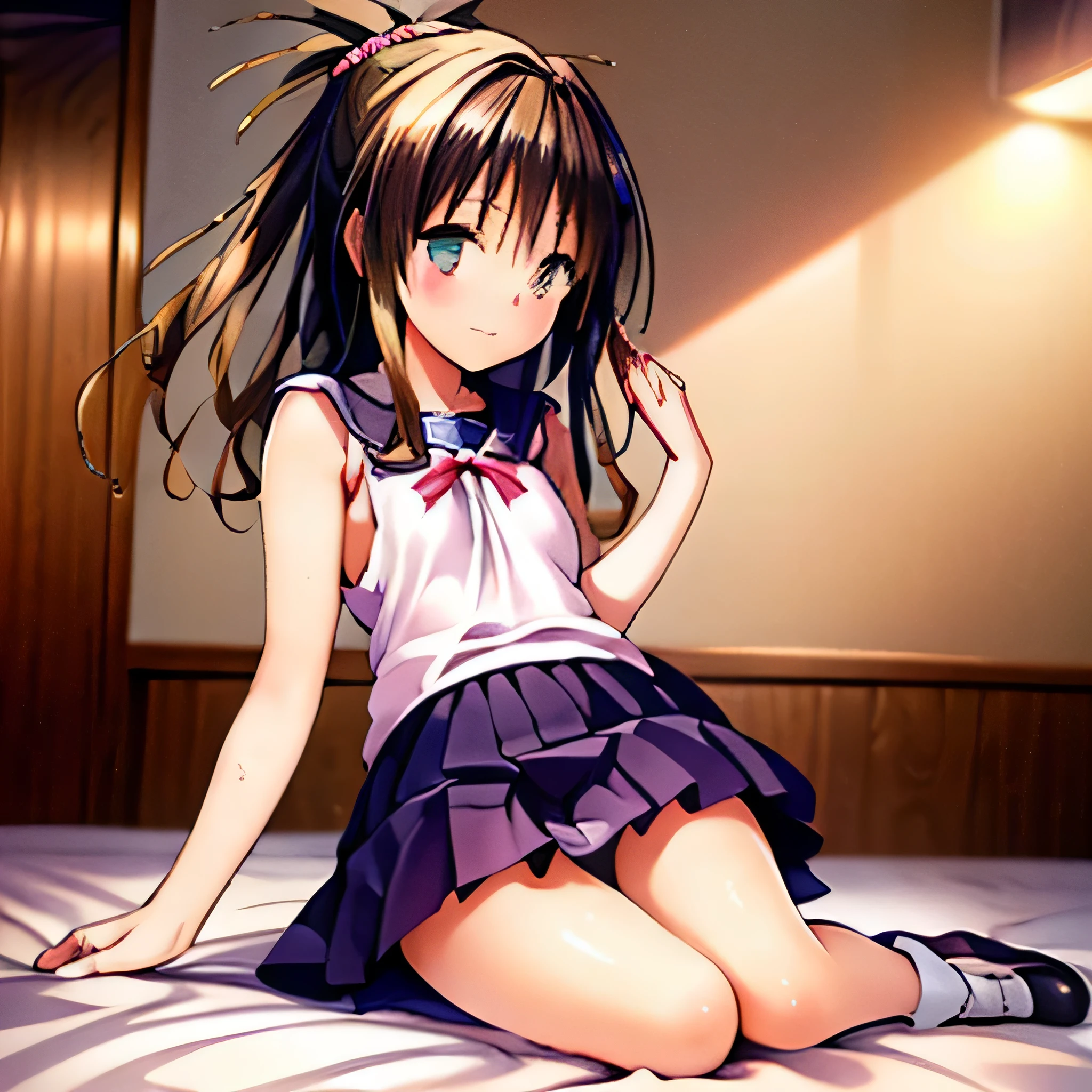 realistically, glowing eyes, ponytail, white short skirt, Blush, daytime, Wet from the rain, see through, sleeveless shirt, nipples, pussy, crotch, shy, Lie down on your knees, mikan yuki, the skirt is flipped up, smile, ************, highest quality, High resolution, highly detailed face, perfect lighting, Very detailed CG, perfect hands, perfect figure, perfect anatomy, hand raised up, armpit, small breast