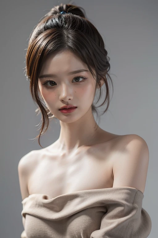 highest quality, masterpiece, Ultra-high resolution, (Realistic:1.4), RAW Photos, Off the shoulder, simple gray background, Half Body, Looking at the audience, Sleeveless