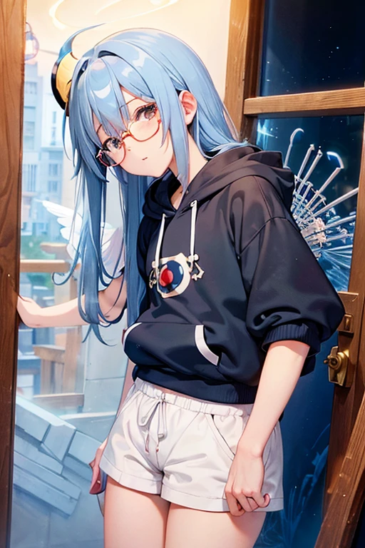 Angelic French doll, stocky, light colored hoodie, in short pants, blue hair ,messy long hair, (anime: 1.2), Wear glasses, asymmetrical bangs, (masterpiece: 1.2), Tengu, fortune teller