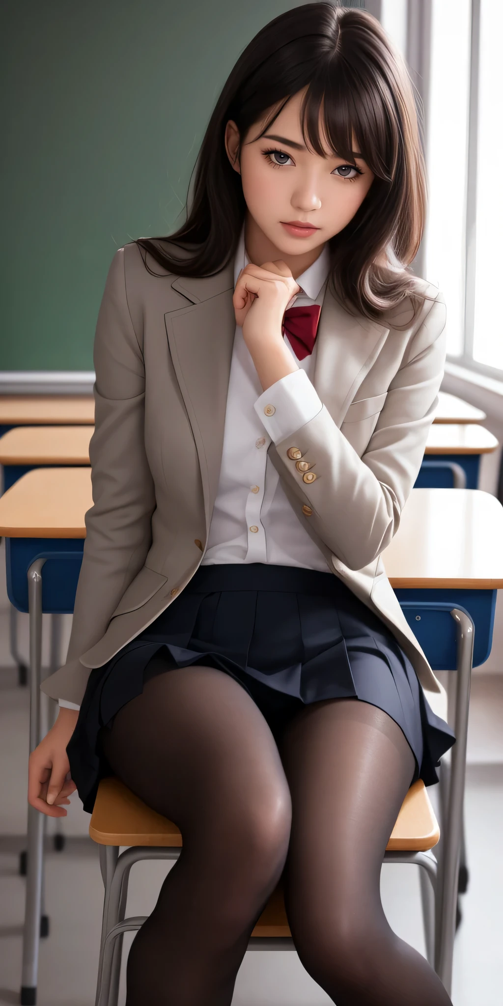 highest quality, masterpiece, (Realistic:1.4), wallpaper, One girl, classroom, blush,Best, blazer, pantyhose, Detailed face, Pleated skirt, Heel, Sophisticated, Black Hair, Grey Eyes, Beautiful Eyes, 8k