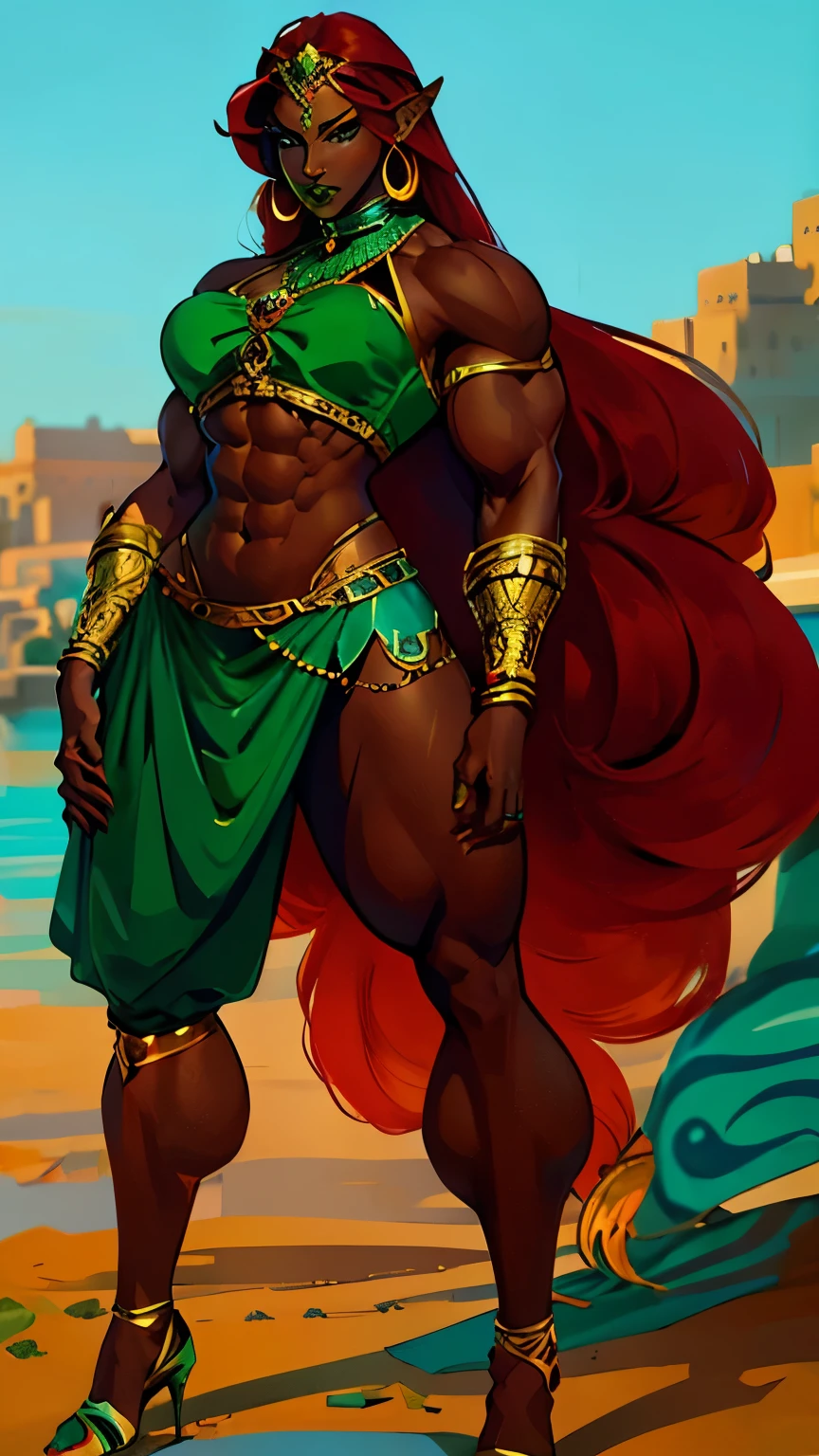 Anime, 2d drawing,((best quality)), ((highly detailed)), masterpiece, (detailed eyes, deep eyes), (4girl), full body, gerudo, very long hair, red hair, muscular female(dark skin), big nose, green lips, lipstick, gold jewelry, cyan clothes, 