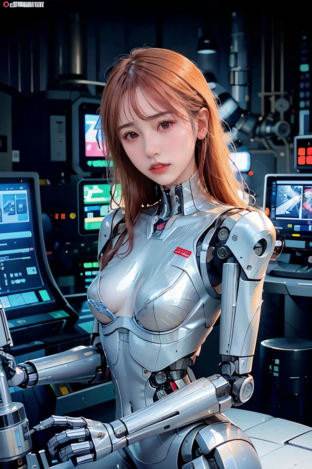 Thaifacemixx, (Photorealsitic:1.4)、((a beauty girl:1.6)), 1 full-body cyborg girl, Nipple, , 、NOhumans、((The skin part is only the face)), Luminous Eyes、((Lots of split metal chest protectors)), Metal Robot、((The whole body is the body of a combat robot))、((Body parts are robot parts:1.8))、((The internal mechanisms of the chest are exposed)), ((Mechanical chest armor with LED indicators and meters)), Robot arms and legs、((Exposed metal skeleton of the abdomen))、Metal skeleton of the cervical region、Under repair、destroyed body、Metal Mechanical Bra、Full Body Metal Skin、Metal bodysuit、Metal scales covering the whole body、body made of metal、Whole body metal、a beauty girl、prosthetic hand、artificial leg、Full body cyborg、Exposed metal skeleton、Asian Beauty、cyberpunked、steampunc、Inside the futuristic space battleship、laboratory、Complex 3d rendering beautiful porcelain profile ultra detailed female type android face、dark brown hair、glowy skin、((super realistic details))、portlate、globalillumination、Shadow、octan render、metals、Details of complex ornaments、Japan details、highly intricate detail、Realistic light、CGSoation Trends、a purple eye、radiant eyes、Facing the camera、neon details、Mechanical limbs、blood vessels connected to tubeechanical vertebrae attached to the back、mechanical cervical attaching to neck、sitting on、Wires and cables connecting to the head、Gundam、Small LED lamp、masterpiece、 Metal Robot、body made of metal、Whole body metal、prosthetic hand、artificial leg、Full body cyborg、Exposed metal skeleton、Asian Beauty、cyberpunked、steampunc、Futuristic cities、laboratory、Complex 3d rendering beautiful porcelain profile super detailed female android face、cyborgs、roboticparts、150mm、beautiful studio soft light、Rim Lights、Anatomical、face muscles、cable electric wireicrochips、elegent、beatiful backgrounds、octan render、HR Giger Style、8K、top-quality、masterpiece、illustratio、extremely delicat