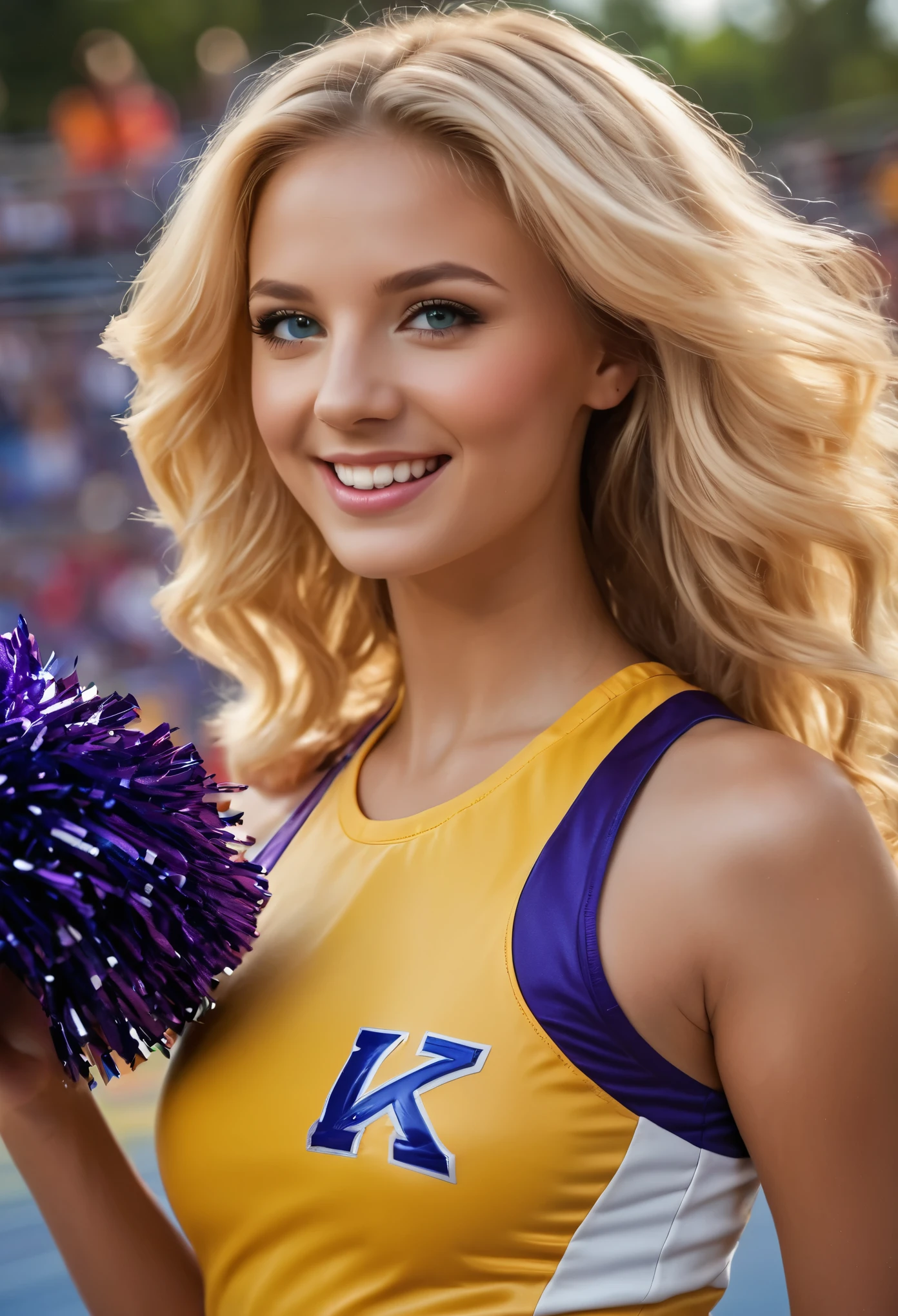 (Best Picture Quality,4K,8K,Hi-Res,Masterpiece:1.2),Ultra-Detailed,(Realistic,Photorealistic,Photorealistic:1. 37),Portrait, Beautiful young American cheerleader, blond hair, blue eyes, cheerful smile, energetic and dynamic, attractive facial features, vivid colors, soft natural lighting, gorgeous makeup, feminine and lively pose, energetic and confident expression, trendy cheerleader uniform with team logo and colors, sharp sharp on face and eyes. soft natural lighting, glamorous make-up, lively feminine pose, energetic and confident expression, trendy cheerleader uniform with team logo and colors, sharp focus on face and eyes, shiny yellow and purple pom-poms, powerful and energetic jumps and movements, joyful and enthusiastic atmosphere, cheering crowds and warm, vibrant backgrounds, professional photography, HDR, high contrast and saturation, bursting with energy and excitement. Detailed, moist skin textures,(NSFW:1.4)