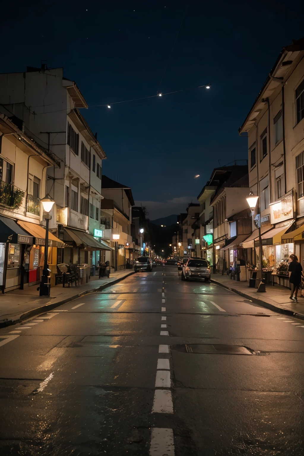 foto de uma cidade escura e pouco iluminada, bem sombia