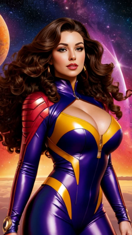 masterpiece,very sharp image,extremely beautiful woman space retro futurism, beautiful face,hi-tech armour over colorful catsuit, long curly hair,in deep space, with several planets and suns in the background Excellent sense,medium breasts,cleavage,American Comics,(((The Perfect One Woman))),(((one person))),colorful,highly detailed body,highly detailed face,SF,((dynamic pose)), ((dynamic angle))