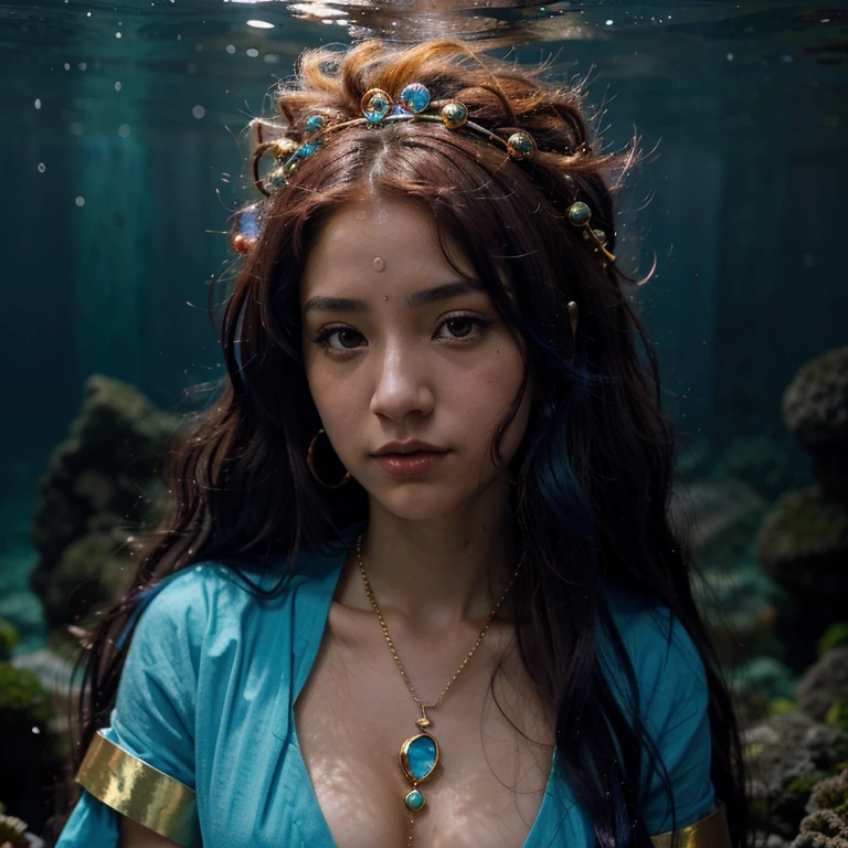 Chica anime con cabello rojo y joyas de oro con un vestido azul celeste., retrato, ponyo, hermoso, sacerdotisa medusa. In an aquatic environment