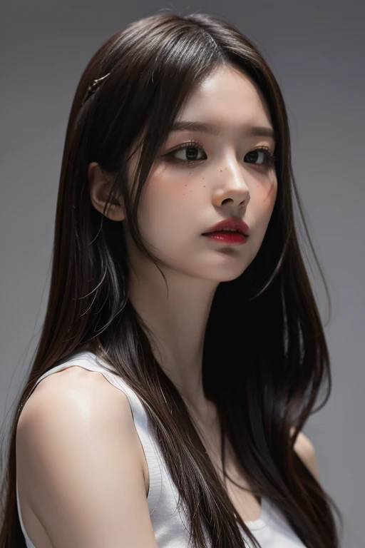 highest quality, masterpiece, Ultra-high resolution, (Realistic:1.4), RAW Photos, 1 girl, simple gray background, Half Body, Looking at the audience, Sleeveless