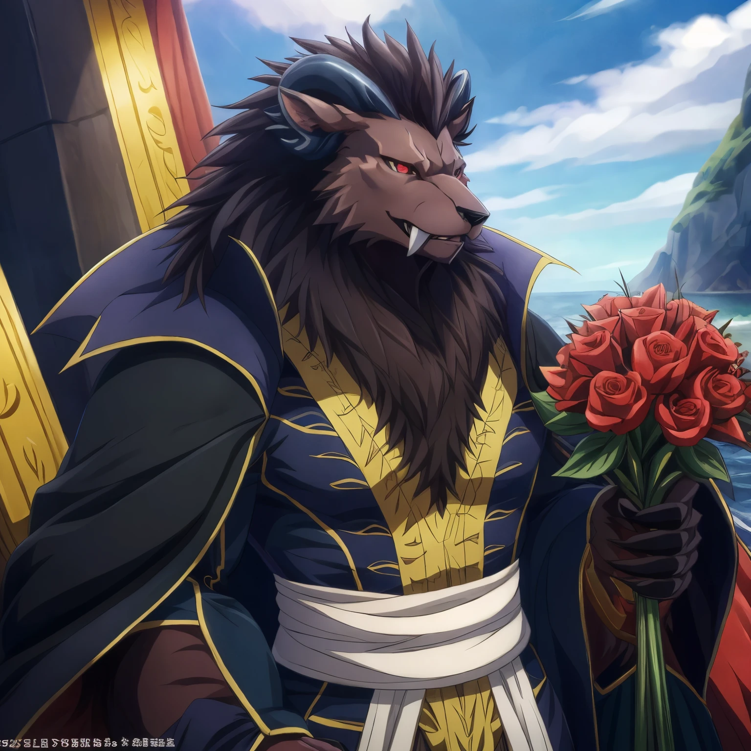 (best quality, 32K HDR:1.2, ultra-detailed, realistic, photorealistic, masterpiece,) official art, sacrificial princess and the king of beasts, Full body view, looking at the viewer, Solo, male, handsome, majestic beast, dark sienna brown fur, black mane, majestic king, king Leonhart, muscular body, crimson eyes, serious look , small ears, backwards curved black horns, long upper cannie teeth, wearing king robes, Niehime kemono ou, (detailed realistic image:1.3), (detailed eyes, beautiful expressive eyes:1), (hyper realistic fur:1.2), (detailed fur:1. ( detailed face:1) Low Light: 1.2) masterpiece, best quality, ultra realistic ( 8k, UHD, Gorgeous Light and Shadows, Detailed facial portrayal, highest quality, masterpiece, ultra high detailed, official art, utra detailed, deep shadows, dynamic shadows, HDR, deep of field, utra detailed fur, maximum focus, depth of field, perfect lighting, light particleest quality, ultra detailed body, cinematic, sharp focus, correct anatomy, right hands, correct hands, correct head, detailed background, beautiful sea, waves, an old ship, a brigantine, scarlet sails, seagulls, Leonhart is standing on the bow of the ship, Leonhart is holding a bouquet of flowers, Leonhart is smiling