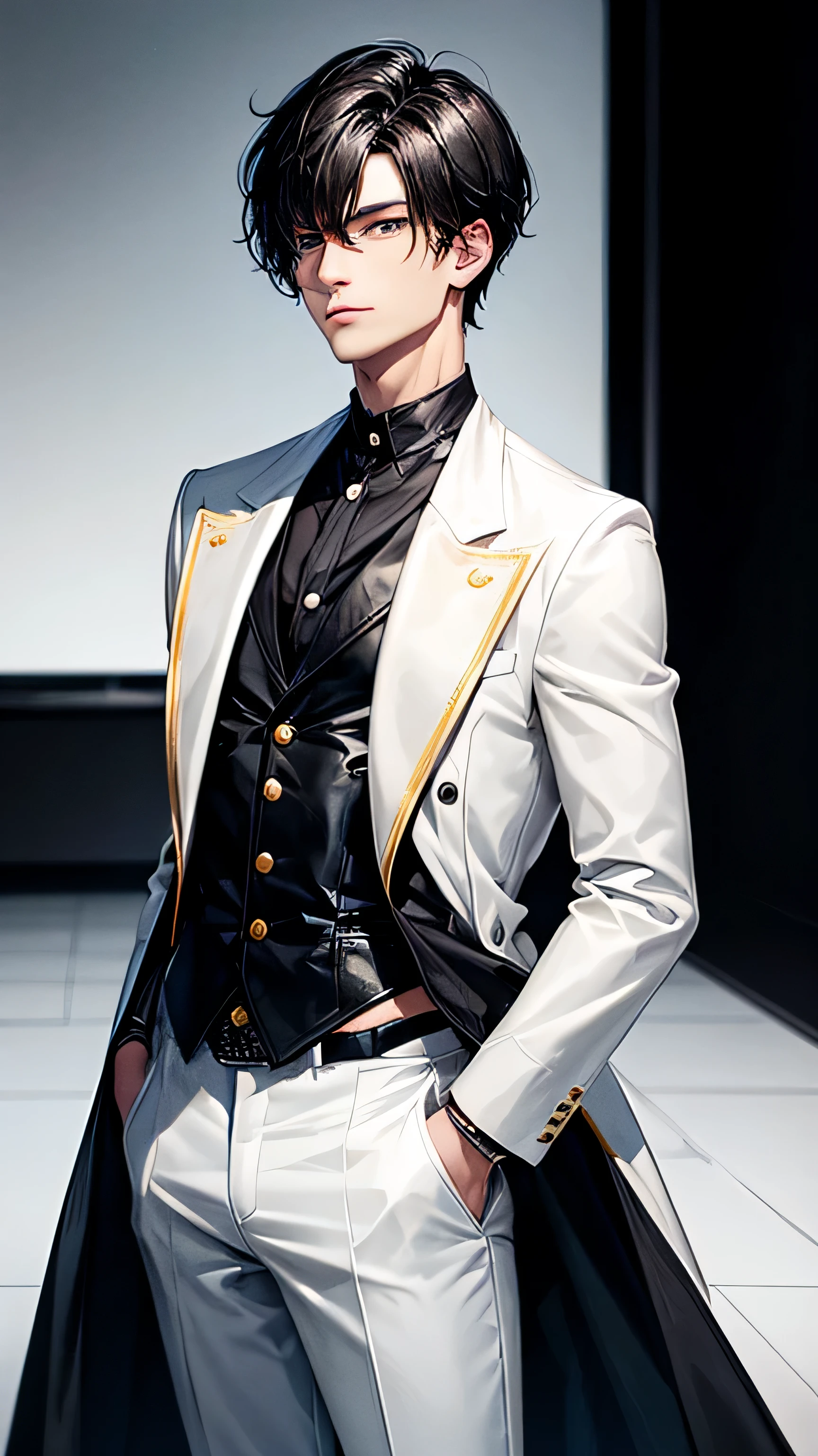 A short black haired man with white outfit like a jacket and coat with little bit of black and gold 