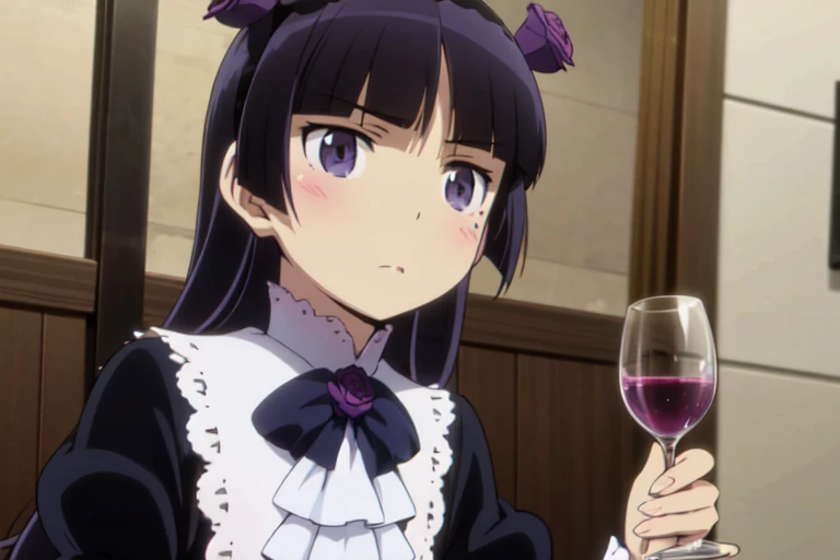 (ruri gokou), masterpiece, highest quality, One Girl, alone, Hime cut, Gothic Lolita, Lolita Fashion, head band,Drinking wine, wine glass