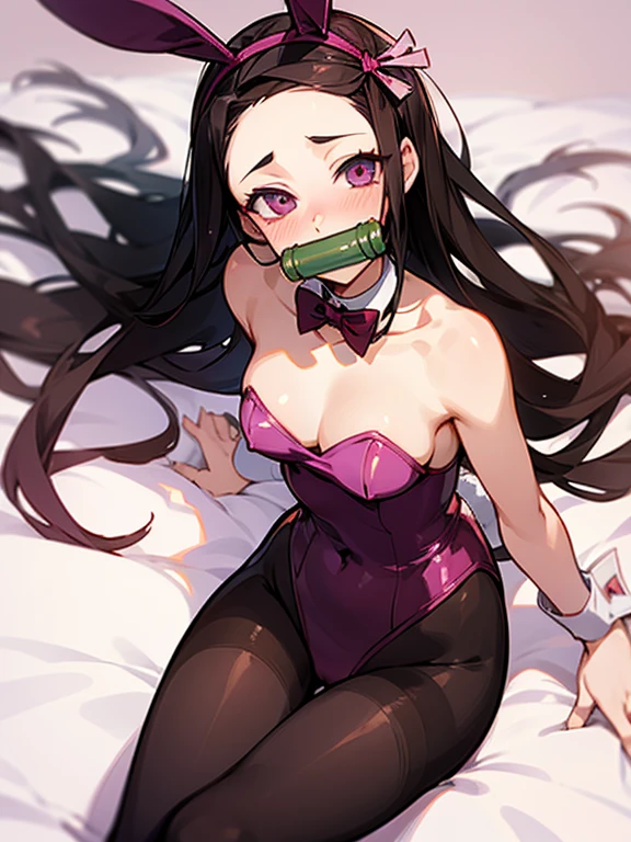 kamado nezuko, bit gag, gagged, pantyhose, playboy bunny girl suit, bare shoulders, highly detailed, HD