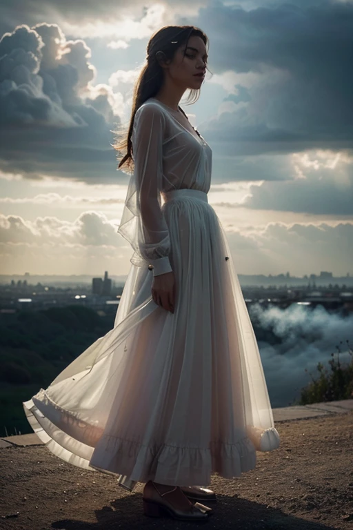 Inspired by photography from Vogue magazine, On a cloudy day, a woman is wearing a romantic transparent gauze, like clouds, a colorful long skirt, the woman's face is looming, the atmosphere is like smoke and a dream, it is indescribably beautiful.,Extremely Realistic,ponifs