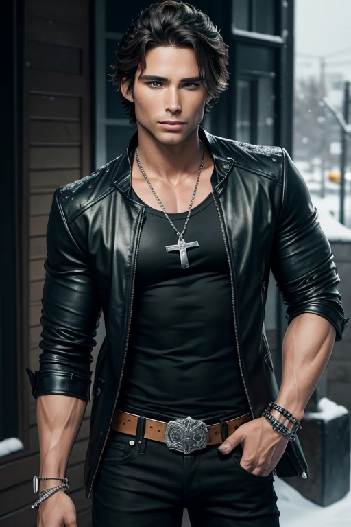 Sebastian Rulli 20-year-old boy with open black jacket, blue t-shirt with snow print, short black hair, punk style, yellow locks, black jeans, green eyes, black leather belt, silver buckle, slim muscular build, cross medallion, silver bracelet, looking straight at the viewer