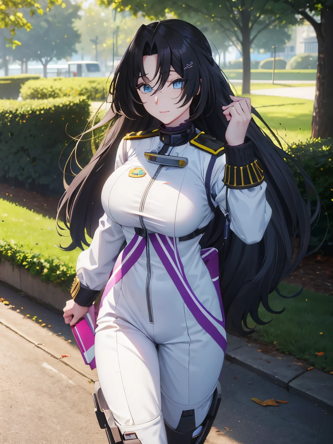 1 adult woman,astronaut uniform,long hair,black hair,ponytail,big breast,Looking at viewer,Dominique de sade,Blue eyes,Walk, In the park, ultra detail, ultra HD