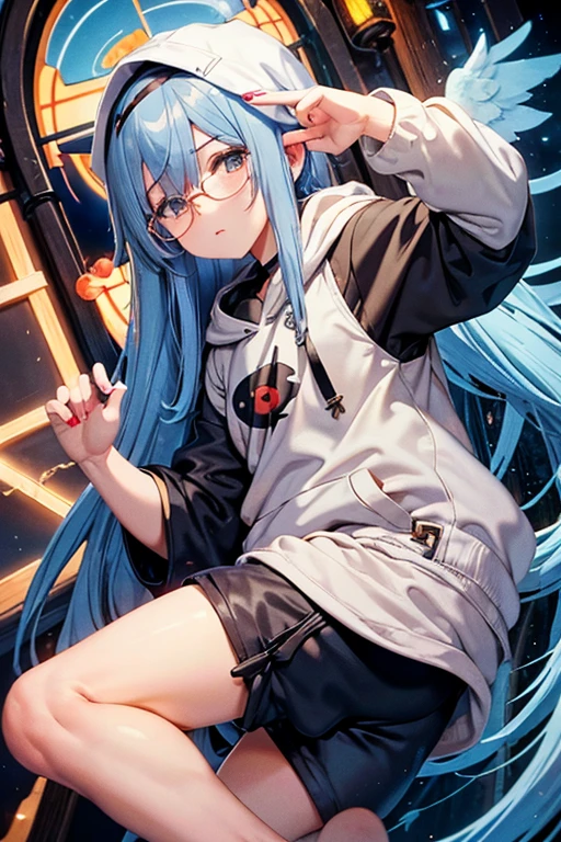 Angelic French doll, stocky, light colored hoodie, in short pants, blue hair ,messy long hair, (anime: 1.2), Wear glasses, asymmetrical bangs, (masterpiece: 1.2), Tengu, fortune teller