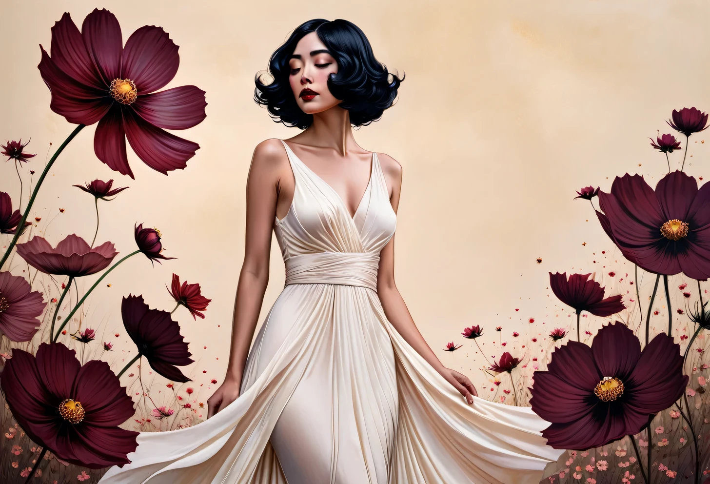 chiaroscuro technique on sensual illustration of an elegant , retro and vintage white dress ,Chocolate Cosmos (Cosmos atrosanguineus) around body, matte painting, by Hannah Dale, by Harumi Hironaka, extremely soft colors, vibrant, pastel, highly detailed, digital artwork, high contrast, dramatic, refined, tonal, golden ratio,