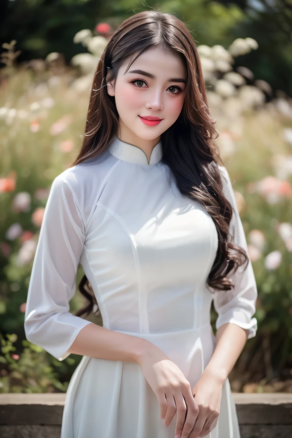 1girl, aodai yellow dress, photo art, (flower:1.2),a stunning photo with beautiful saturation, ultra high res,(realistic:1.4)),deep shadow,(best quality, masterpiece), pale skin, dimly lit, shade, flustered, blush, highly detailed, skinny, BREAK depth of field, film grain, wrinkled skin, looking at viewer, knee, warm smile, (upper body:1.2), masterpiece,ultra realistic,32k,extremely detailed CG unity 8k wallpaper, best quality