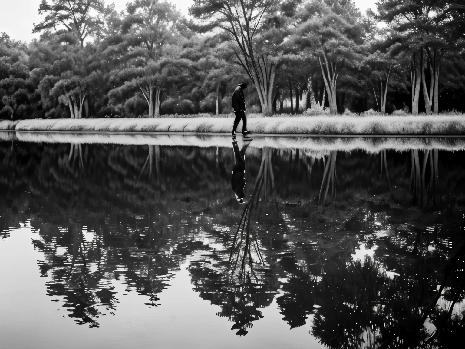 a man walking in the rain with a reflection of trees in the water, a black and white photo inspired by Henri Cartier-Bresson, pixabay, minimalism, standing on the water ground, reflection puddles, reflection on the water, reflection in the water, reflections, many reflections, detailed reflection, standing in a pond, reflects, more reflection
