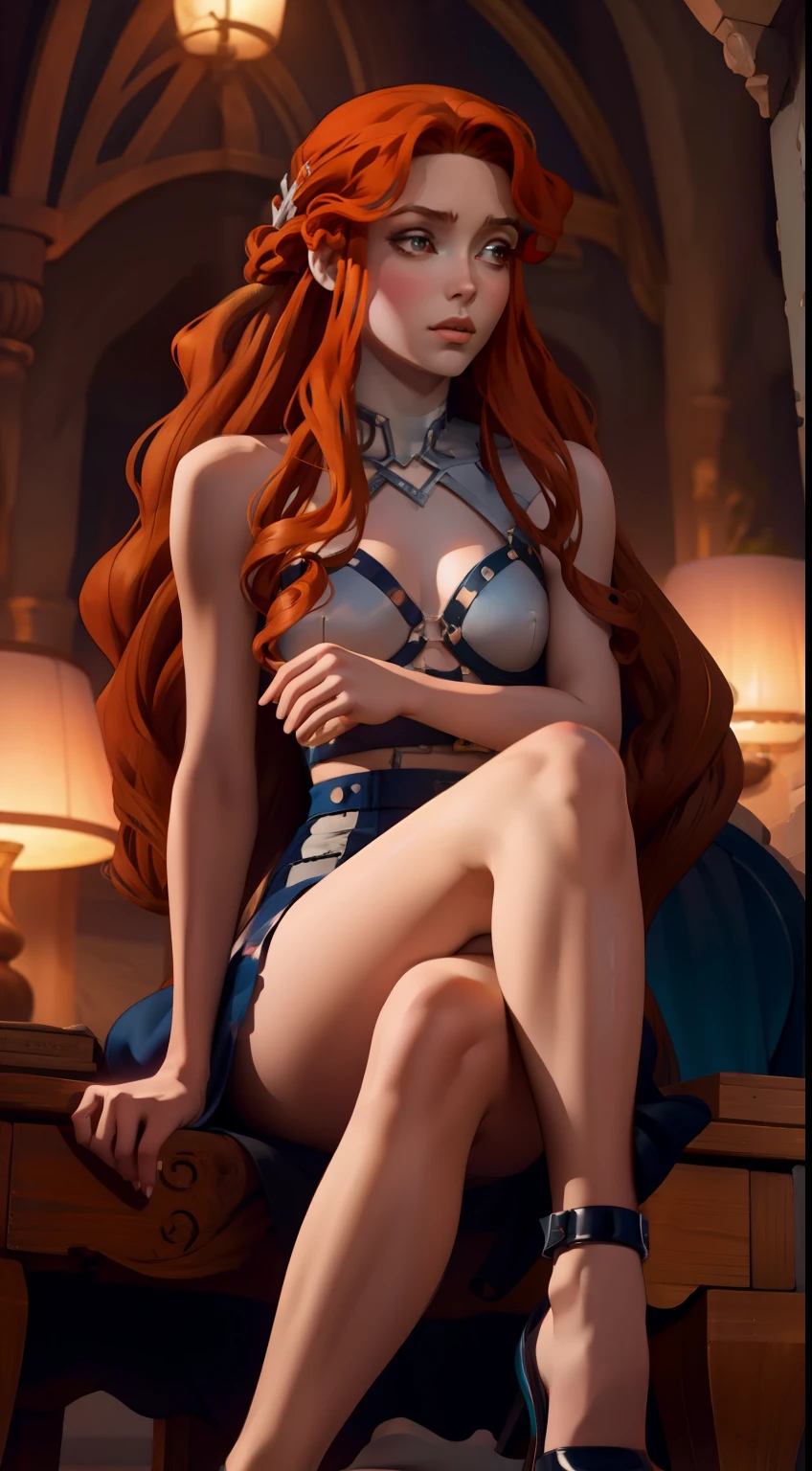 ((foto de corpo inteiro)), ((foto realista)), 1 girl, (colete: 1.2), 8k, high-res, pele finamente detalhada, lingerie, seios enormes, lenore from castlevania, vampire, red hair, skirt, sitting, toned legs, heels, dominant, low angle, upskirt, athletic, skinny, toned, smaller body, thin waist, from below, crossed legs, highly detailed realisticly proportioned legs, toned legs