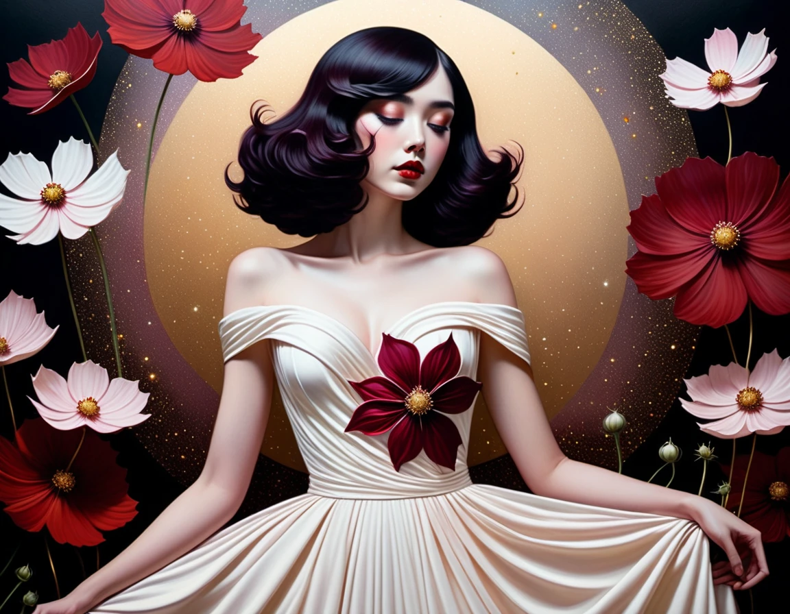chiaroscuro technique on sensual illustration of an elegant , retro and vintage white dress ,Chocolate Cosmos (Cosmos atrosanguineus) around body, matte painting, by Hannah Dale, by Harumi Hironaka, extremely soft colors, vibrant, pastel, highly detailed, digital artwork, high contrast, dramatic, refined, tonal, golden ratio,
