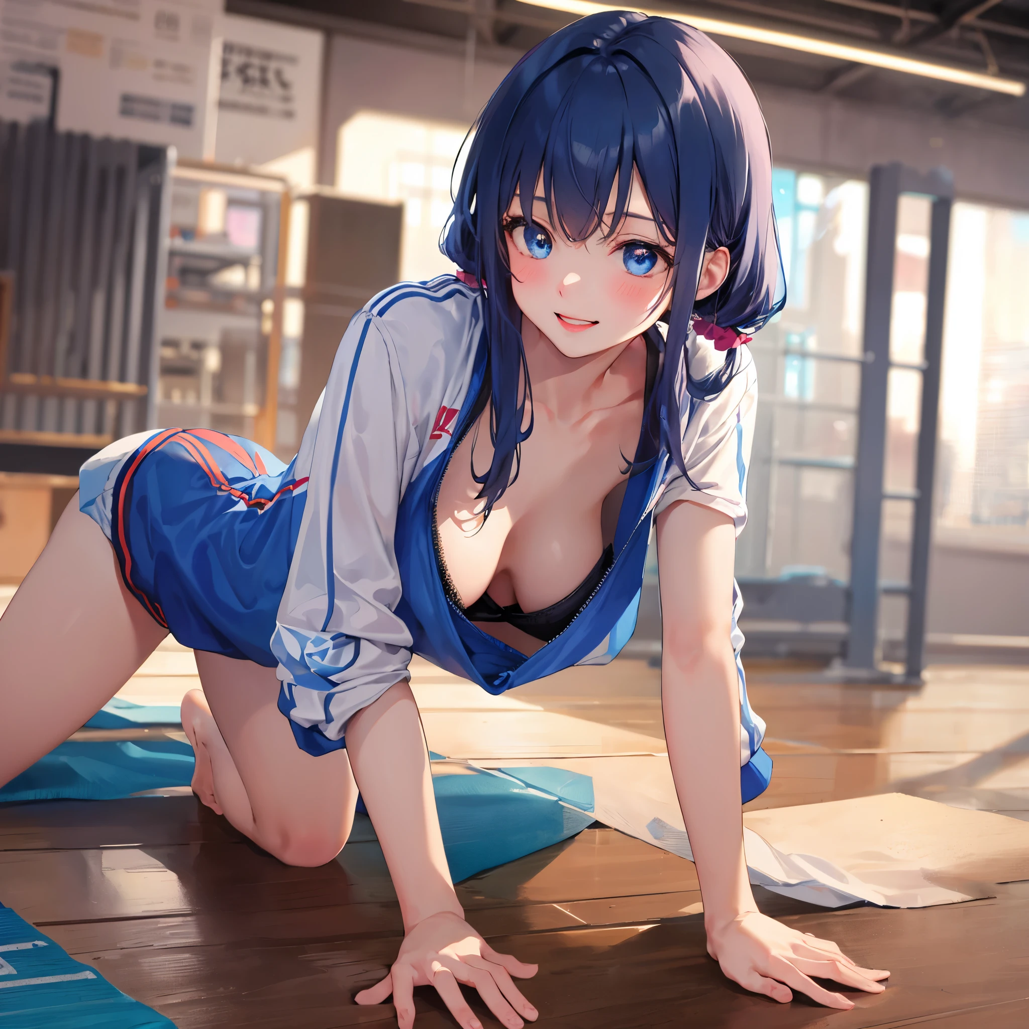 (masterpiece, best quality), 1girl, close-up face, (from front:1.2), (on all fours on the floor:1.2), (looking down:1.2), break girl, casual,Gym suit、Wearing a jersey、school gym、 (bra:1.2), breast gap, medium breasts, hanging breasts, downblouse,Nipples are visible、Not wearing a bra、Leaning forward、８K, highest quality, masterpiece, super detailed、bright blue hair、medium long hair、twin tails、young face、************、full lips、Pale blue eyes、、blush、lipstick、medium breasts、perfect hands、detailed hands、Smile、smile、gymnastics matの上、gymnastics mat、Gym suit,Wearing a jersey、Wearing spats