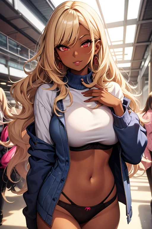 (masterpiece, best quality), 1girl, Miss, Tall, Fit, Square Face, Dark Skin, blonde Hair, pink Eyes, Straight Nose, full Lips, Receding Chin, Long Hair, Wavy Hair, gyaru hair, highlights in hair, full breasts, earrings, lipstick, gyaru, tight panties, bra, nice hips, indoors, (vibrant colors), public indecency,