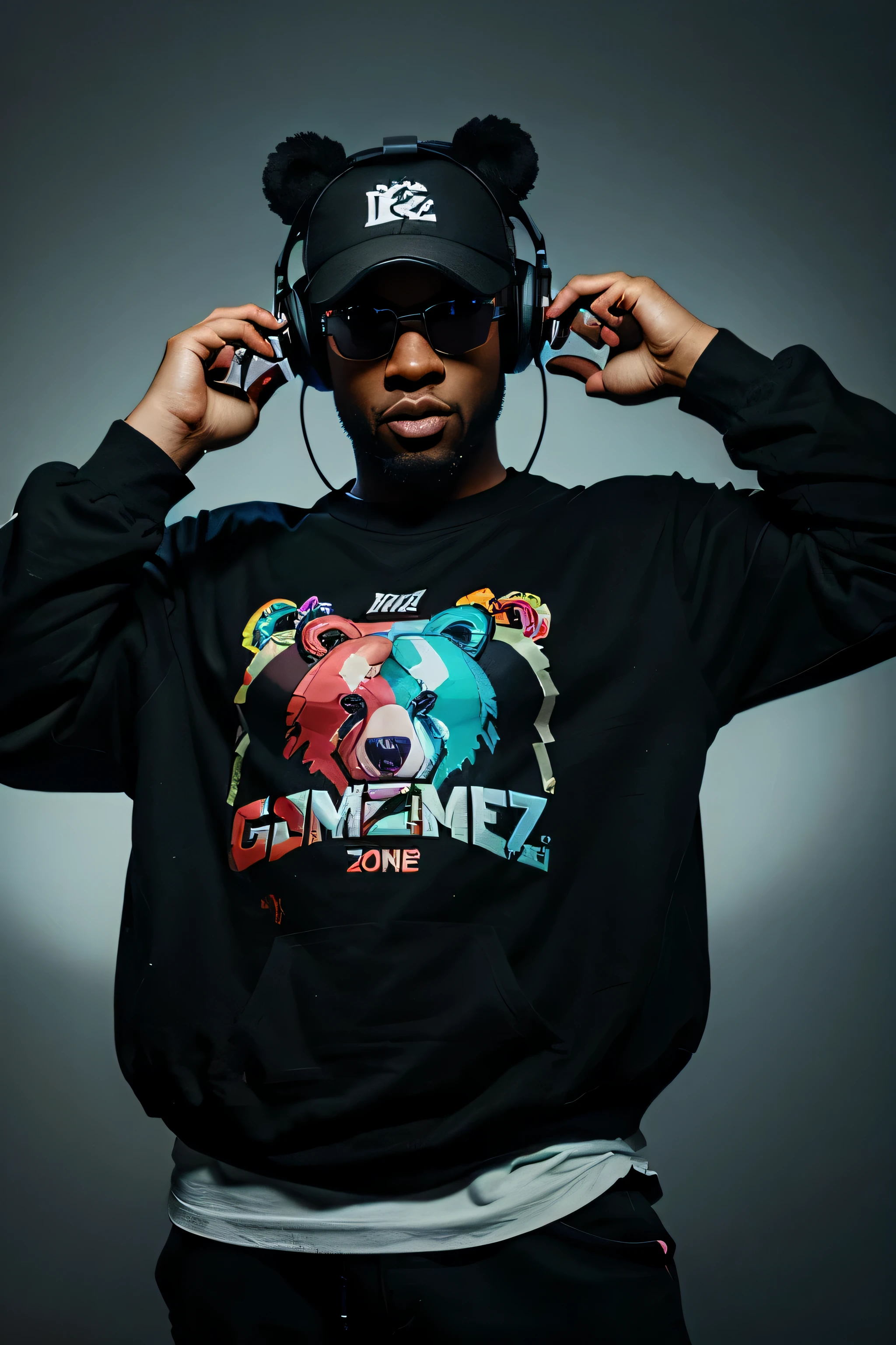 an illustration of a bear, wearing hip hop clothing, holding a controller, headphones on,sunglass. With the words Gamer Zone, black background, vibrant colors, high resolution, design t-shirt