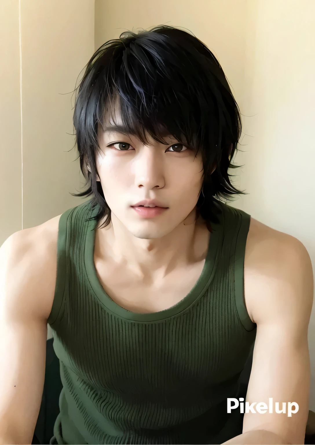 arafed asian man in a green t-shirt sitting in front of a white wall, fukaya yuichiro, kousuke oono, kentaro, yuya nagai, yosuke ueno, handsome japanese demon boy, kentaro miura!, sui ishida con cabello negro, tatsuyuki tanaka hd, akira yoshizawa, toru furuya, cute face, kim jaejoong