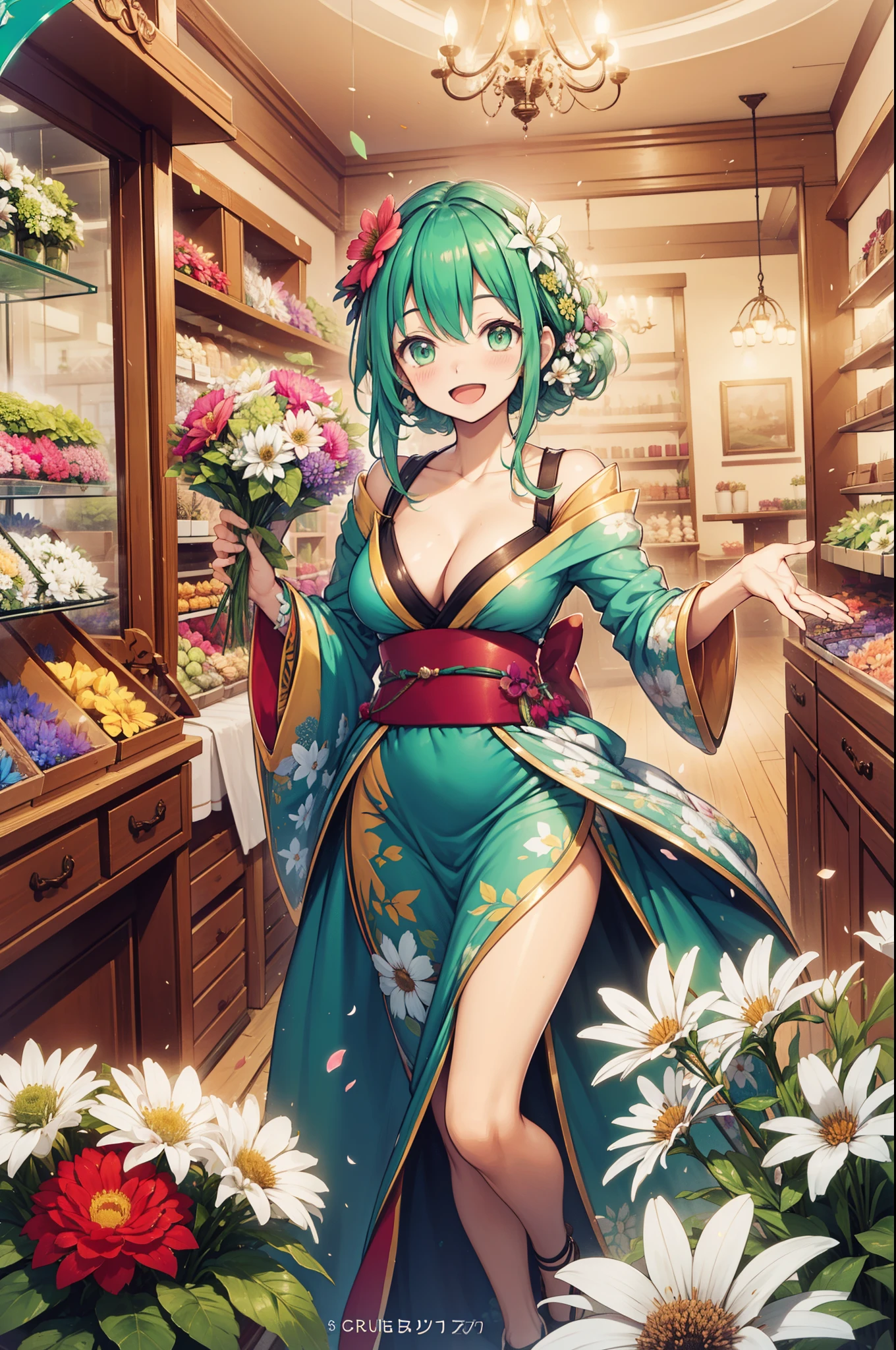 (Best quality, A high resolution, Textured skin, High quality, High details, High details,Extremely detailed CG unity), Enchanted，having fun，Being in love，florist in fantasy world, light green hair, hazel green eyes, exquisite costumes，solo person，kimono, Dazzle, woman, beautiful, (florist), (flower shop), (in flower shop), flowers everywhere, flowers all colors, flowers on ceiling, flower boutique, flower bouquet, flower petals, big open mouth smile, big smile, open mouth, happy eyes, cheerful
