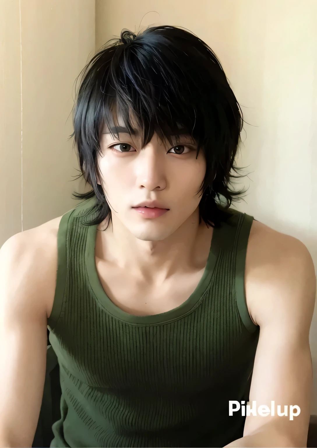 arafed asian man in a green t-shirt sitting in front of a white wall, fukaya yuichiro, kousuke oono, kentaro, yuya nagai, yosuke ueno, handsome japanese demon boy, kentaro miura!, sui ishida con cabello negro, tatsuyuki tanaka hd, akira yoshizawa, toru furuya, cute face, kim jaejoong