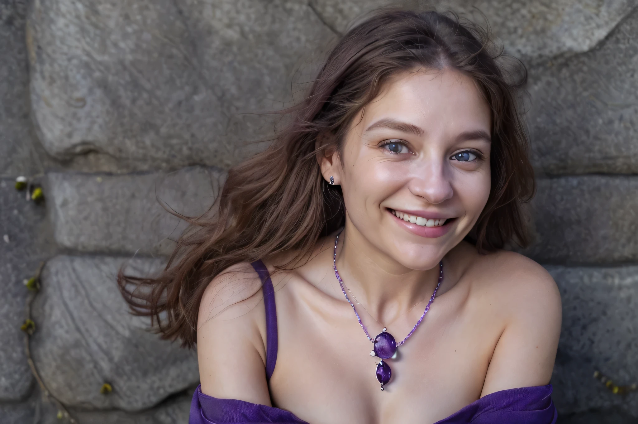 Face of happy woman wearing amethyst stone necklace. Elle ferme les yeux. Elle sourie. Fond luxe. ultra realistic.