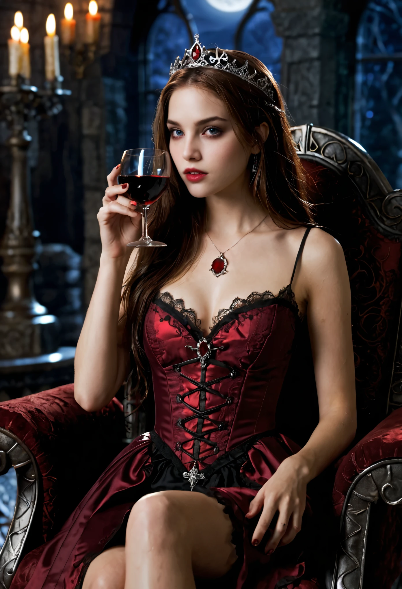 zoey, vampire, princess, castle, throne_room, wine_glass, moonlight, drinking_blood,