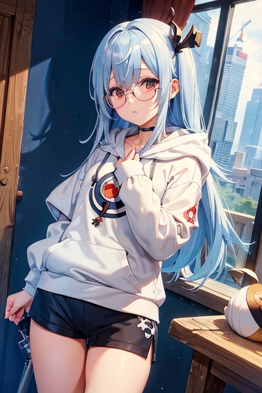 Angelic French doll, stocky, light colored hoodie, in short pants, blue hair ,messy long hair, (anime: 1.2), Wear glasses, asymmetrical bangs, (masterpiece: 1.2), Tengu, fortune teller
