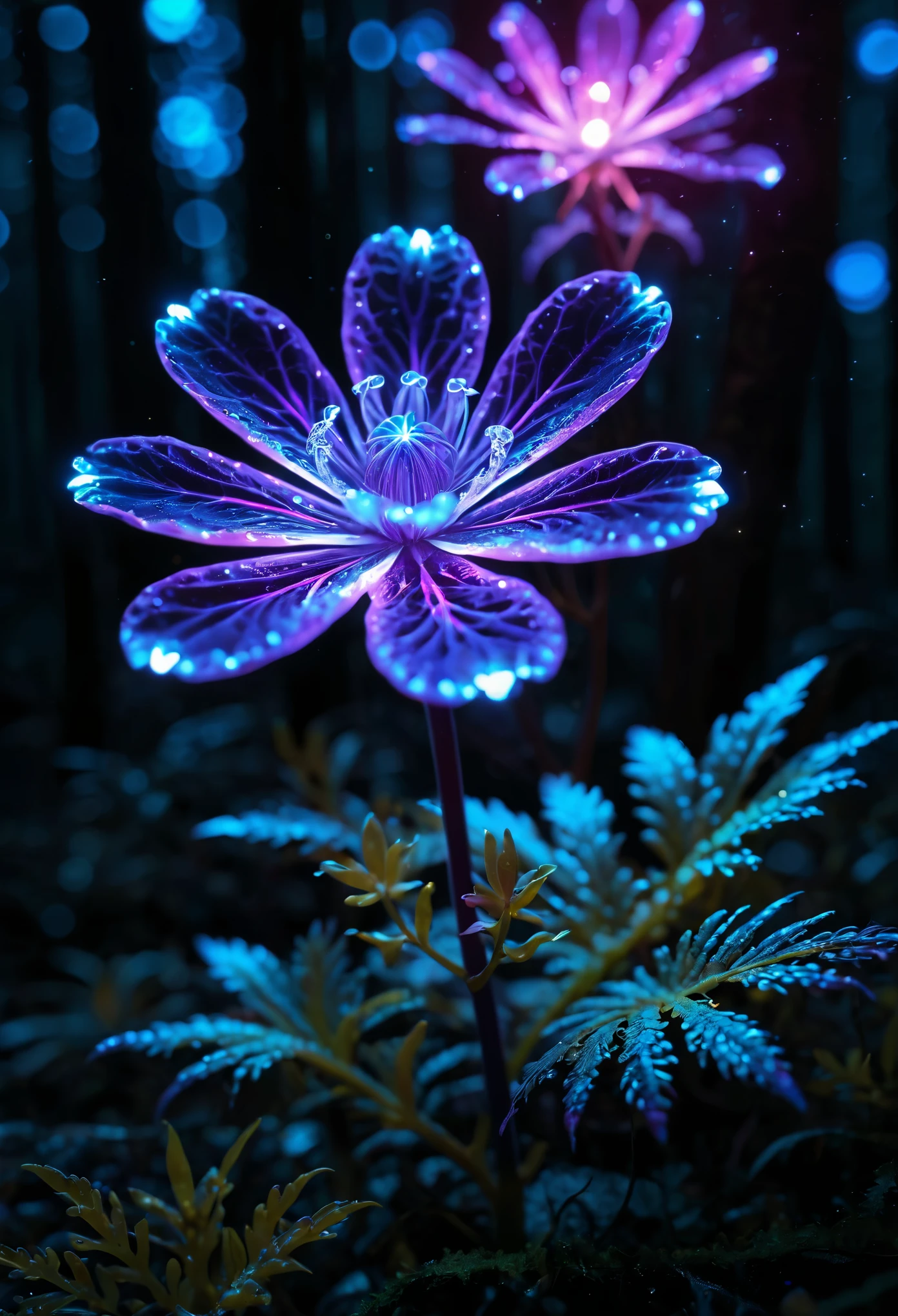 bioluminescent purple flower,fabulous night forest,magical radiance,Concept art,depth of field,Raw photo,realistic,cinematic lighting,soft shadows,sharp focus,fractal,colorful,depth of field,best quality,16k resolution,vivid colors,volumetric lighting,