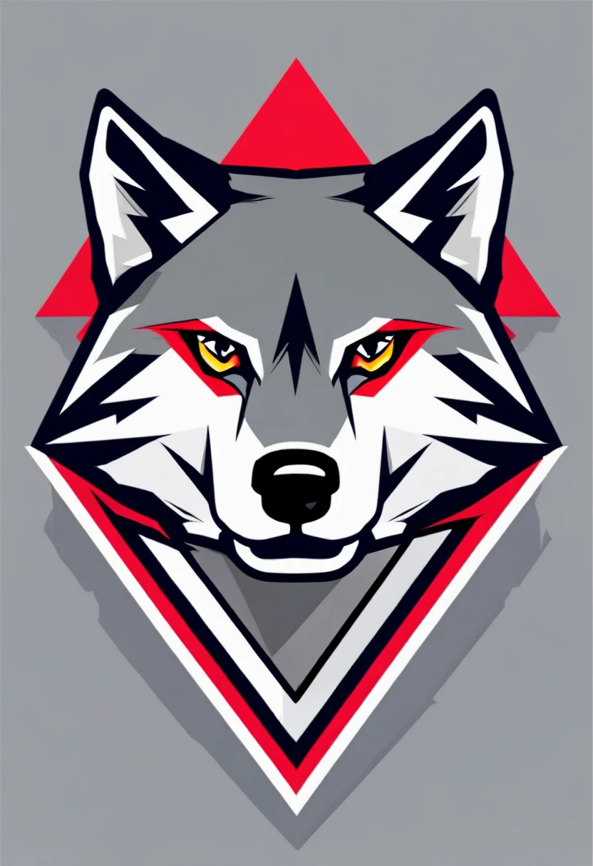 2d, material design, logo, (((epic alpha wolf head))), piercing red eyes looking directly into the camera, vector, bold shapes, (((black, white and gray colors:1.3))), background icon of a triangle, representing the APEX.  