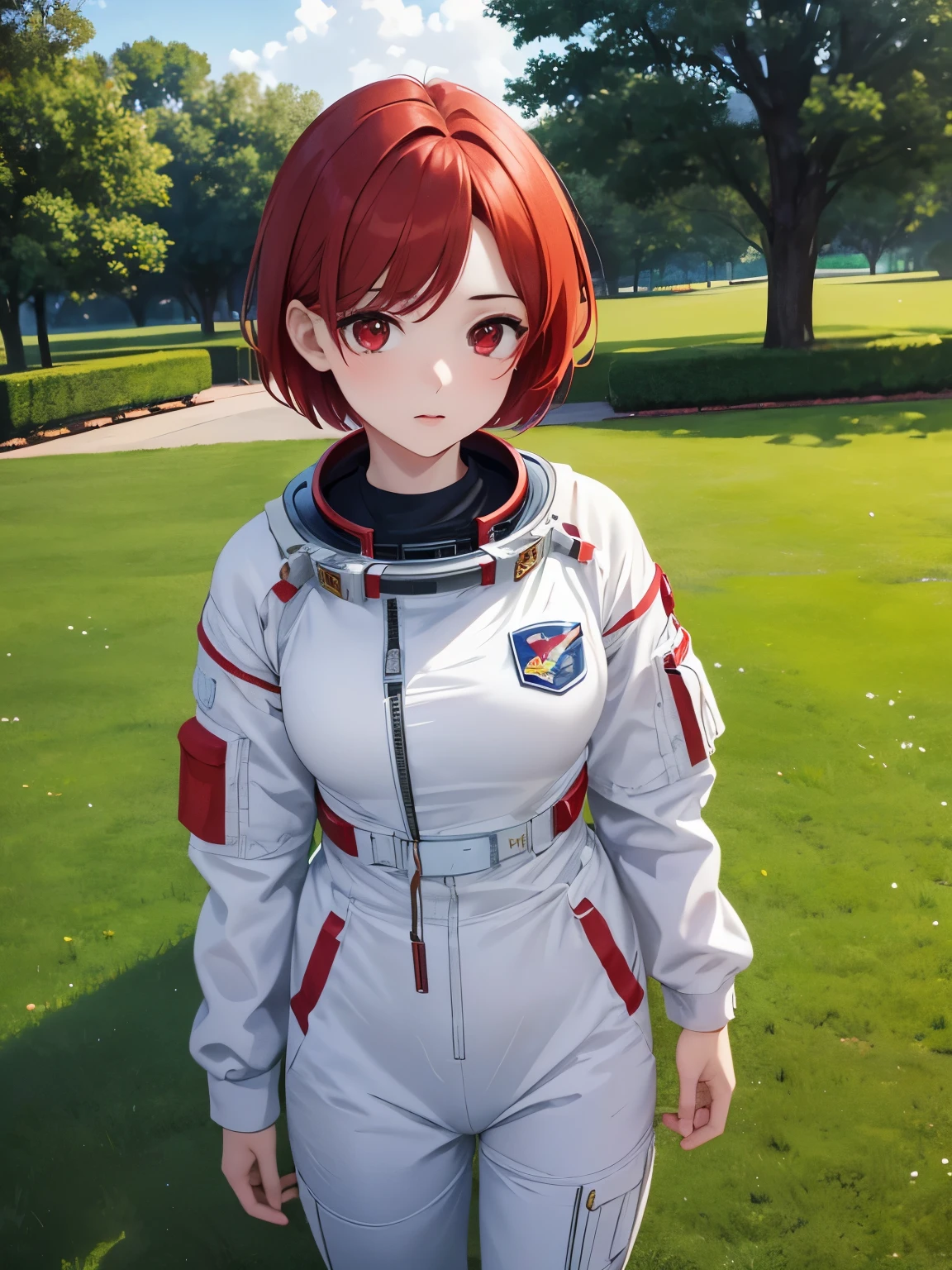 1adult woman,woman,adult,30 years old,Red hair,red eyes,astronaut uniform, short hair,Stand, in the park, ultra detailed,ultra Hd