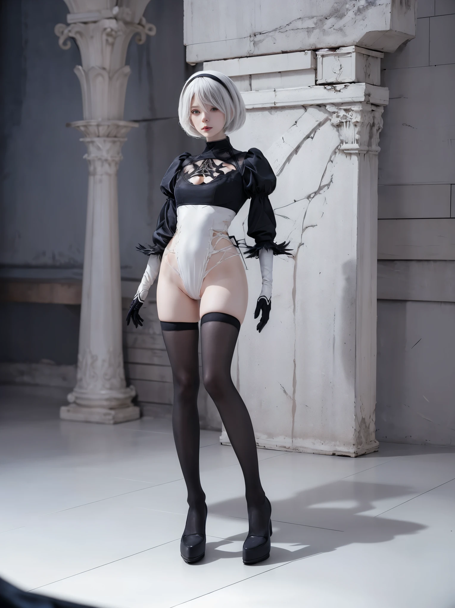 nier:Beautiful cosplay of 2B from Automata、A woman cosplaying as 2B、White skin、tall、Small face、Sharp Eye、23 years old、British women、Half British、nier:2B&#39;s black costume from Automata、Light background、Fantasyな白い教会の中を背景に、Standing cool in the middle of a white church、Shooting from a diagonal angle、masterpiece、highest quality、high resolution、Fantasy、Glare、Anime Cosplay Makeup、Real Cosplay Photo、Cool photos、Full body portrait、handsome pose、Wrapped in a pale white glow、like、happiness、Kindness、Smoothly rendered