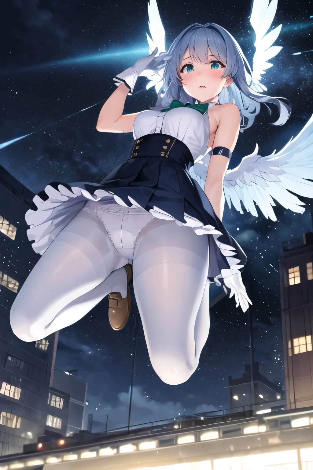 1girl, magical girl, panties,skirtlift,((upskirt)),((pantyshot)),(white panty),((Small panties)),(((black pantyhose))),white race panty, large breasts, thick thighs, blue hair, medium hair, air intakes, green eyes, white shirt, bare shoulders, blue bowtie, black corset, white gloves, elbow gloves, blue skirt, pleated skirt, white thighhighs, energy wings, white wings, humid, sweat, parted lips, blush, from below, looking ahead, motion blur, (fighting, jumping), full body, building, (gleaming skin), extremely detailed night city background,Are crying,Anguished expression、Embarrassed look,8k,Realistic、Anime illustration,CG