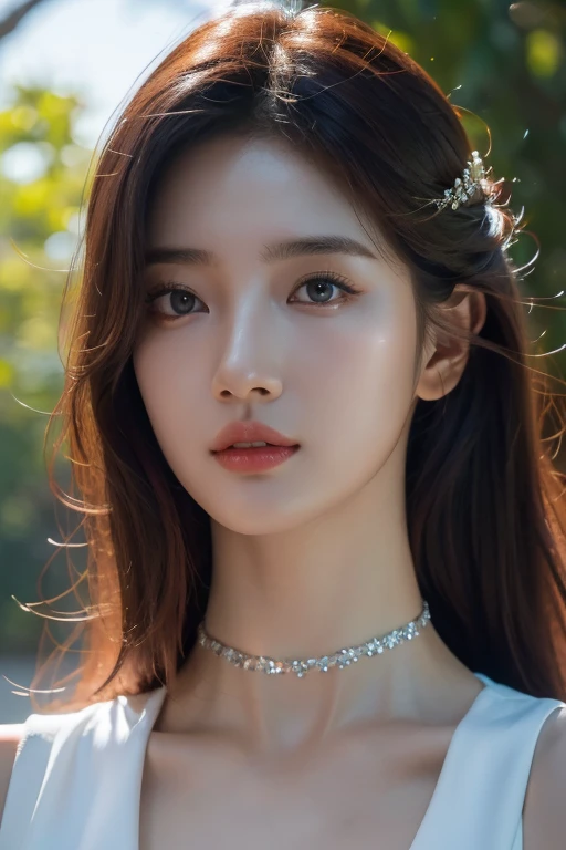 8k, Masterpiece, raw photos, best quality, realistic, Very detailed CG unity 8k wallpaper., depth of field, Cinema-grade lighting, lens flare, Ray tracing, (Very beautiful face, beautiful lips, beautiful eyes), A face with intricate details, ((Ultra-detailed skin), รูปถ่ายของสาวสวย 1 คนbest quality, Ultra high resolution, (realistically:1.4),cute hair clip,1 girl,long red hair,cropped sweater ,Beautiful woman with a slender figure:1.4, Pronounced abdomen:1.4, on the island,A particularly detailed face,Exquisite eyes,Double eyelids,choker necklace