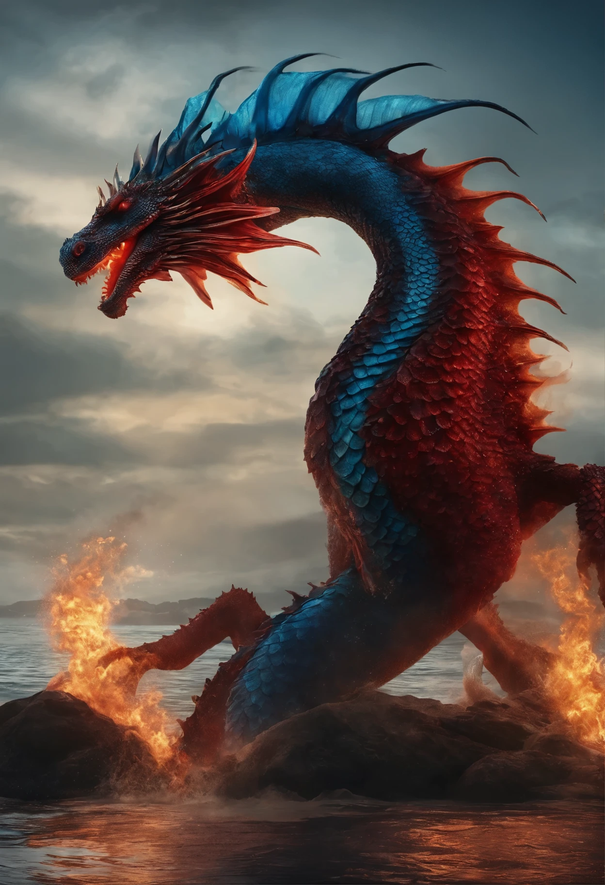 Create a sea monster with scales like a sea dragon, with red skin and blue eyes and make his mane catch fire