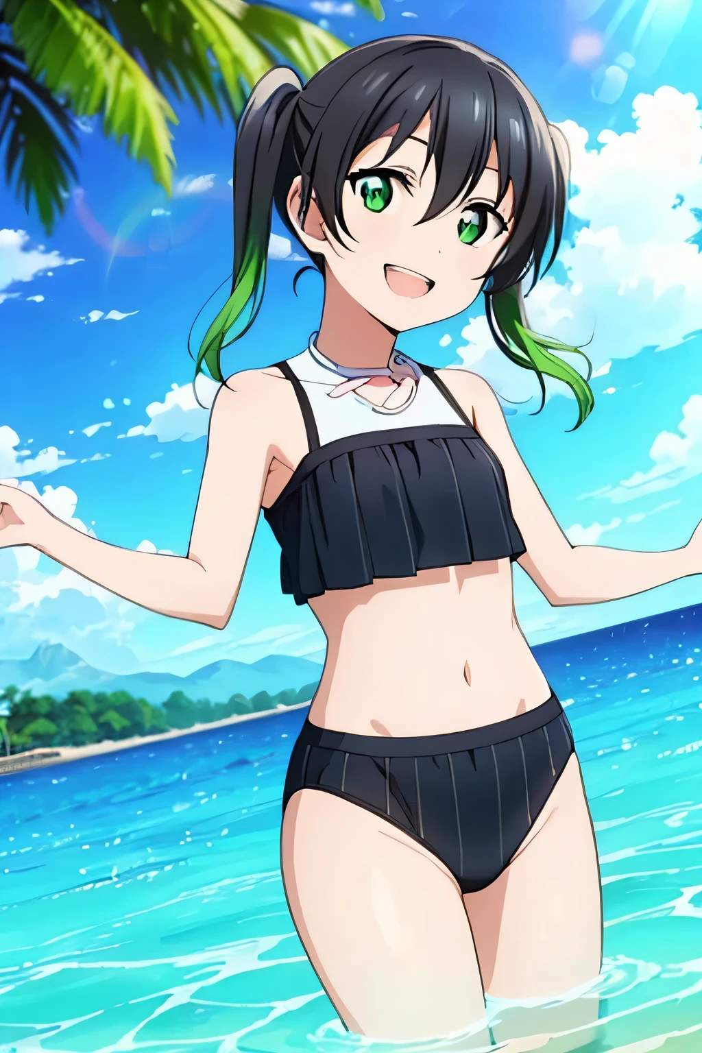 (highest quality, Tabletop:1.2),View audience, Are standing, smile,Open your mouth,takasaki yuu,  Multicolored Hair, Green Eyes, Twin tails, Black Hair,Hair between the eyes,Swimwear,bikini,Ocean,