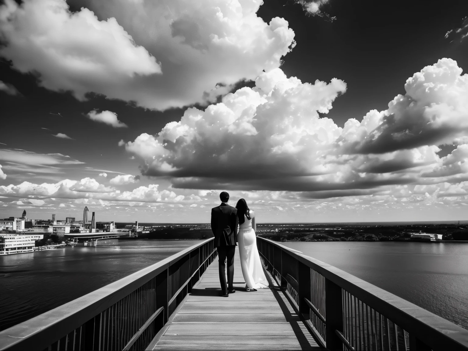 two people standing on a bridge under a cloudy sky, looking at the sky, by Alexis Grimou, black-and-white photography, black - and - white photography, looking to the sky, black and white photography, by Sudip Roy, on clouds, by Constantine Andreou, by Niko Henrichon, looming over you, black and white color photograph