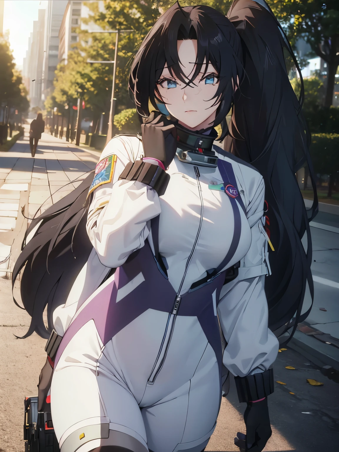 1 adult woman,astronaut uniform,long hair,black hair,ponytail,big breast,Looking at viewer,Dominique de sade,Blue eyes,Walk, In the park, ultra detail, ultra HD