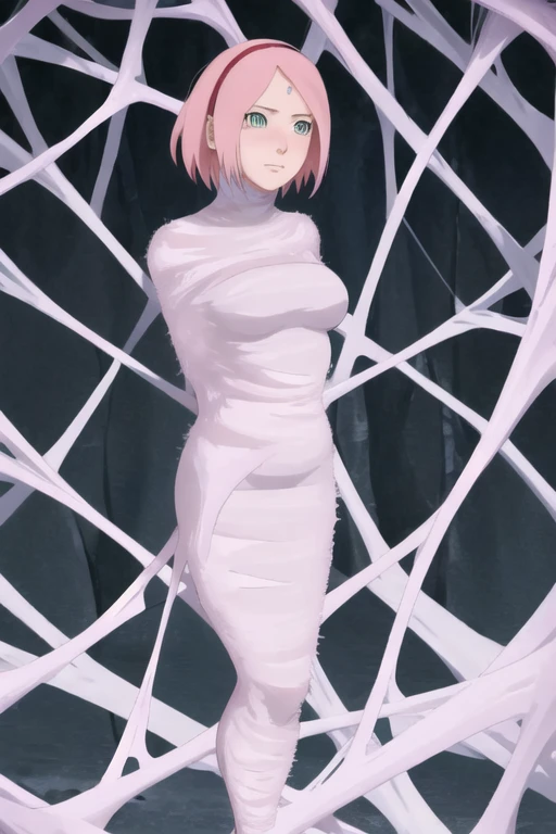 masterpiece, best quality, 1girl, solo, looking at viewer, sakura haruno, floating hair, pink hair, large breasts , breasts out,  (arms behind back:1.4), hanging,spiders in the web,long spider, desperate，struggle, entangled, embarassed face, despair,cocoon, blushing face, lie down, lying down on the ground 