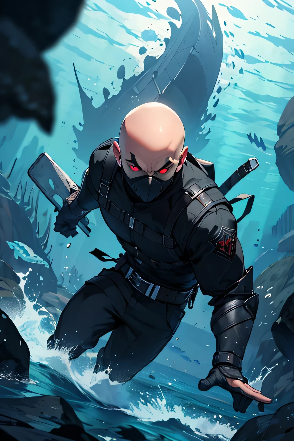 a bald warrior with a black mask and red eyes near the camera at the bottom of the dark sea