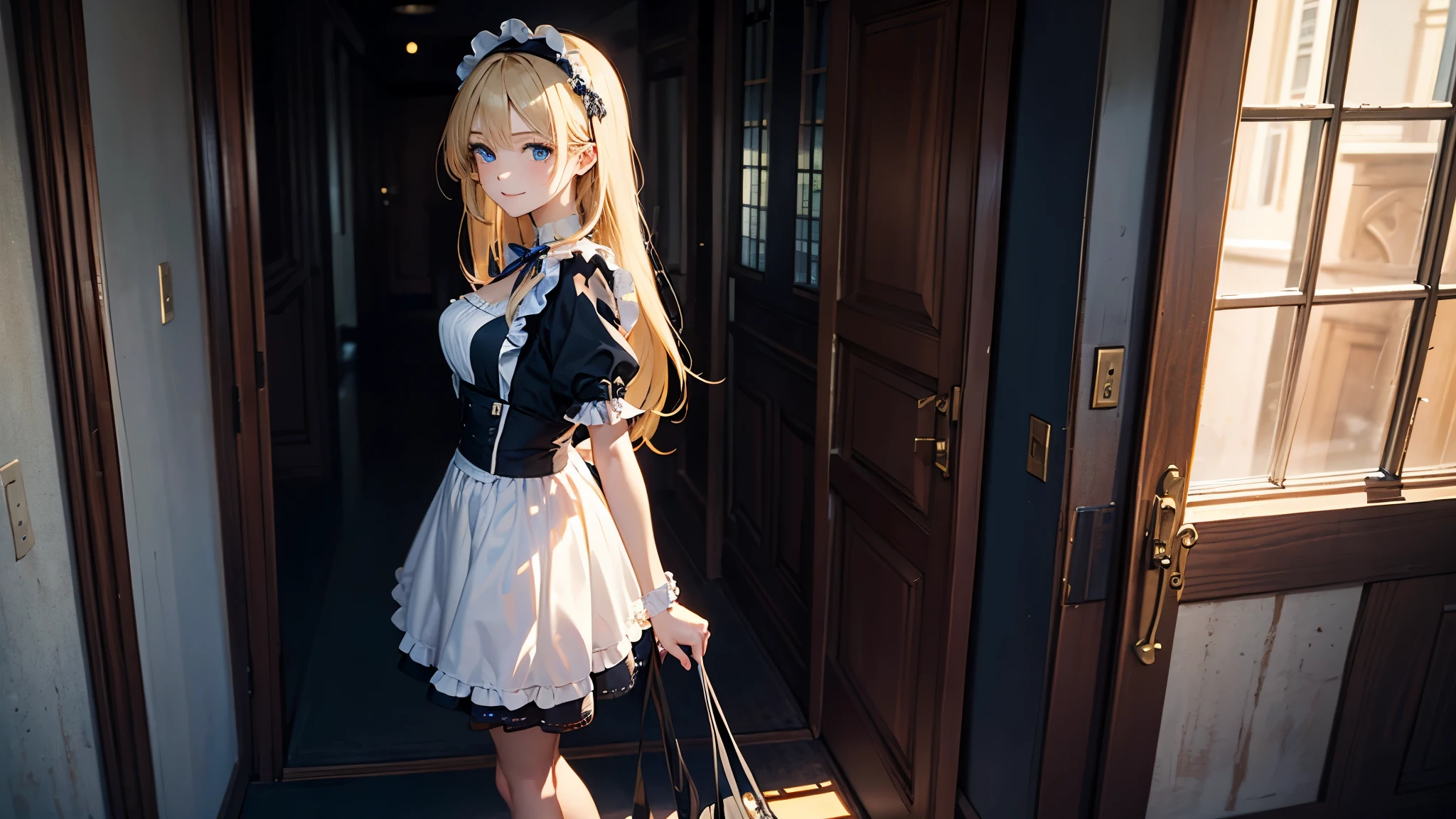 (masterpiece, highest quality, highest quality,official art),(1 girl:1.3),(attractive girl),((masterpiece, highest quality))、8K、one woman、（14 years old）、((blonde))、shortcut、attractive girl、blue eyes、Big eyes、sparkling eyes、Beautifully drawn eyes、challenging smile、small bust、blue gothic maid、white headband、(look back)、Knee to head、Corridor of a luxurious house、aerial perspective、allure、transparent、Light、Light、