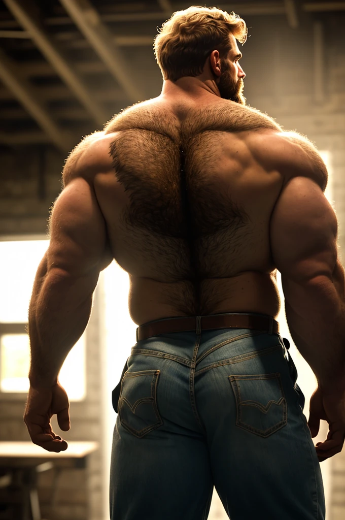 Cowboy shot, solo, male, 24yo strongman, beefy, (hairy, hirsute), romantic, handsome, (sharp focus, soft lighting, film photography, photorealistic, hyperreal), back view