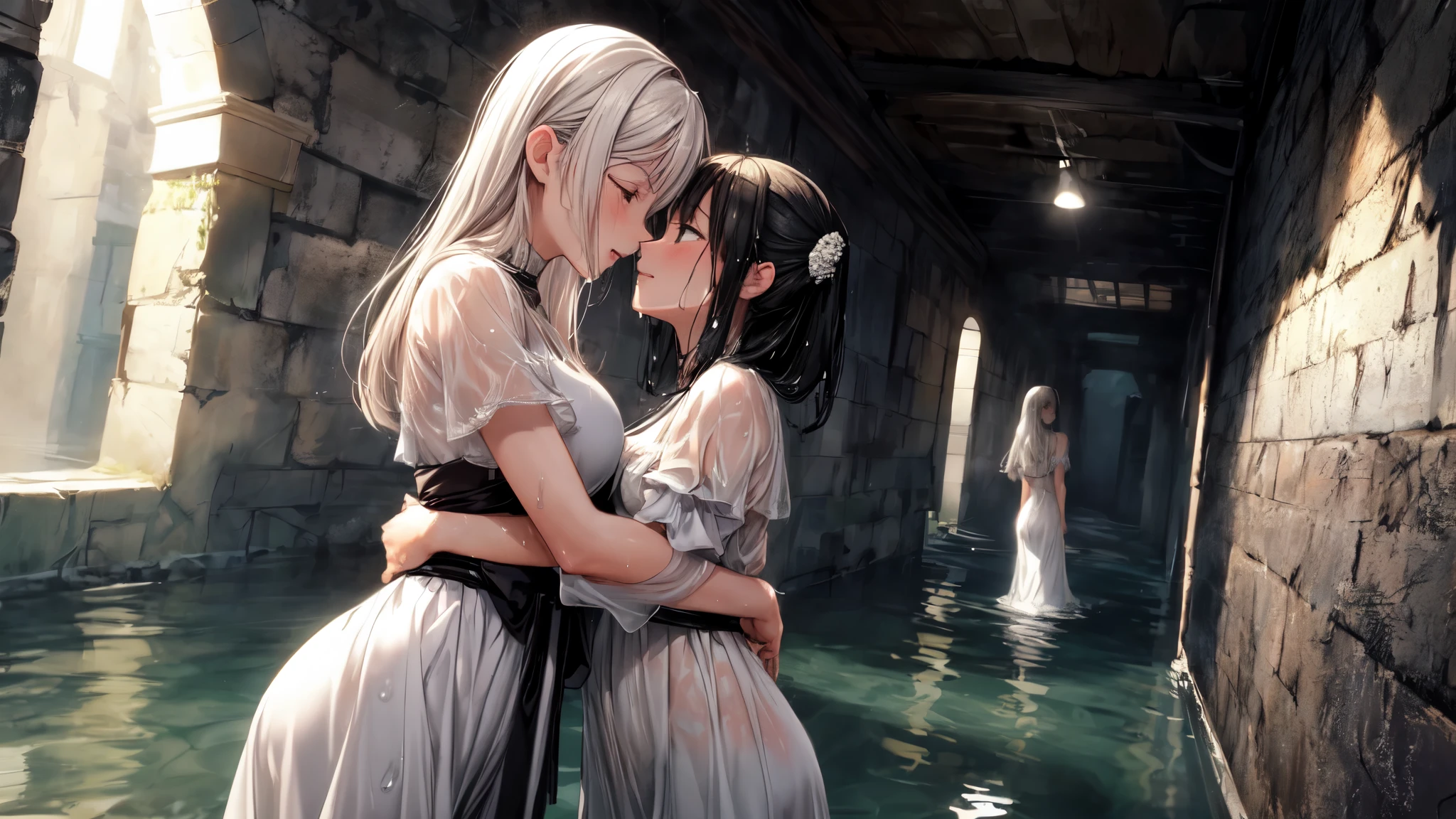 hyper quality, high resolution, intricate details, panorama, dutch angle, (2 ) wearing (white and black silk dress), silk texture dress, (white dress and black dress:1.2), (very large dress, best silk texture, best Wrinkles on dress), (yuri, lesbian), (deep kiss, hug:1.25), full body, Beautiful eyes, (Partial submerse:1.1),Partial dress in water, (Water sprayed, water column:1.1) (wet, very wet dress, wet body, wet long hair, wet sleeve, wet silk dress, wet skin:1.1), (Transparent mucus wrapping, water drop), submerse in water, Poignant and beautiful, Smile in despair, smile in sadness, closed mouth, (beautiful and detailed water:1.1), (dark dungeon, dark and damp water dungeon, enclosed space:1.15), (Cement walls), dark light, light source, (atmosphere of despair:1.15), (Water mist), inspired by the flower house Yiding's manga painting, Pixiv competition winner, ukiyo-e, ukiyo-e art style, ukiyo-e style, Japanese art style, Japanese illustrator,
