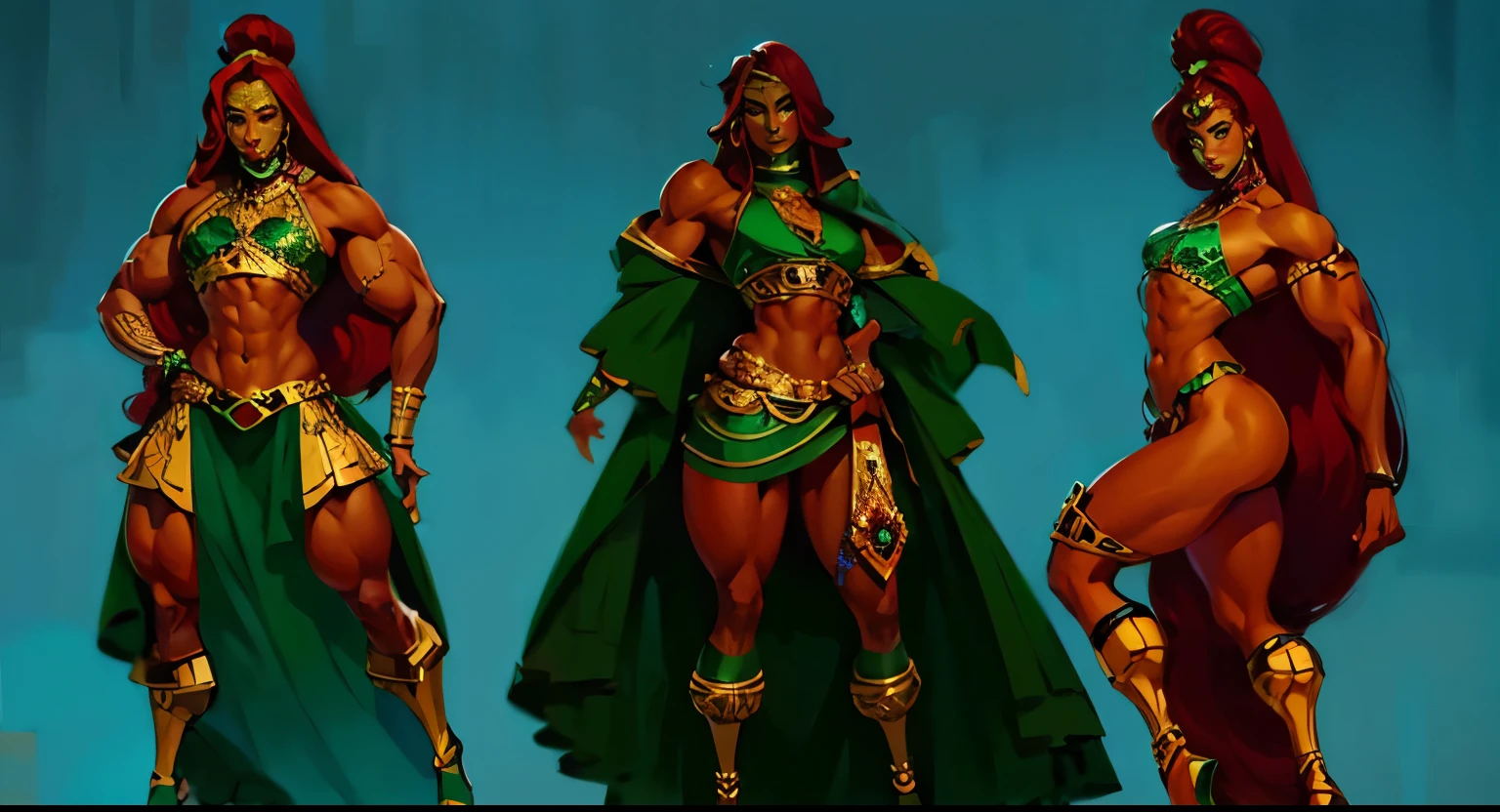 Anime, 2d drawing,((best quality)), ((highly detailed)), masterpiece, (detailed eyes, deep eyes), (4girl), full body, gerudo, very long hair, red hair, muscular female(dark skin), big nose, green lips, lipstick, gold jewelry, cyan clothes,